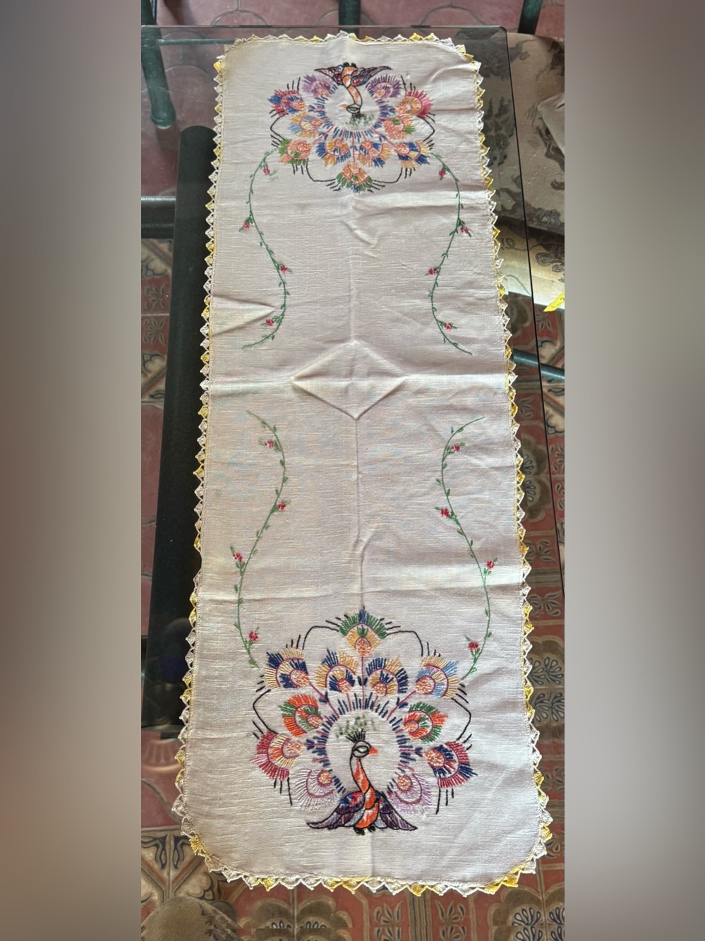 Antique Vintage Embroidered Peacock Table Runner 1910 Beautiful Shape!